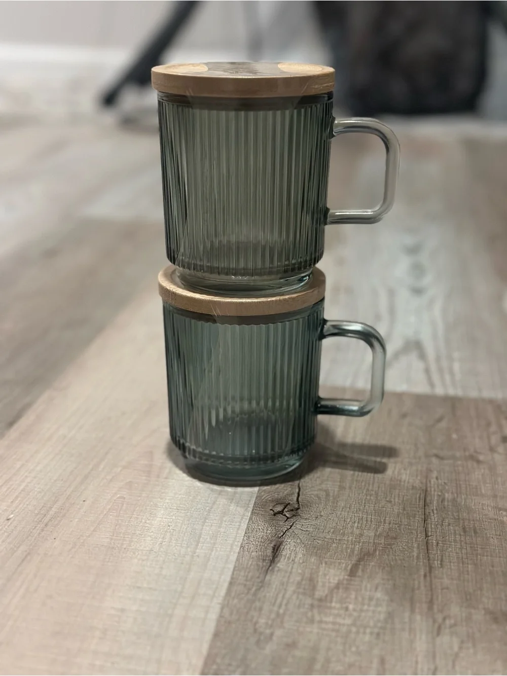 Ribbed Glass Mugs with Bamboo Lids - Smoky Gray (Set of 2)